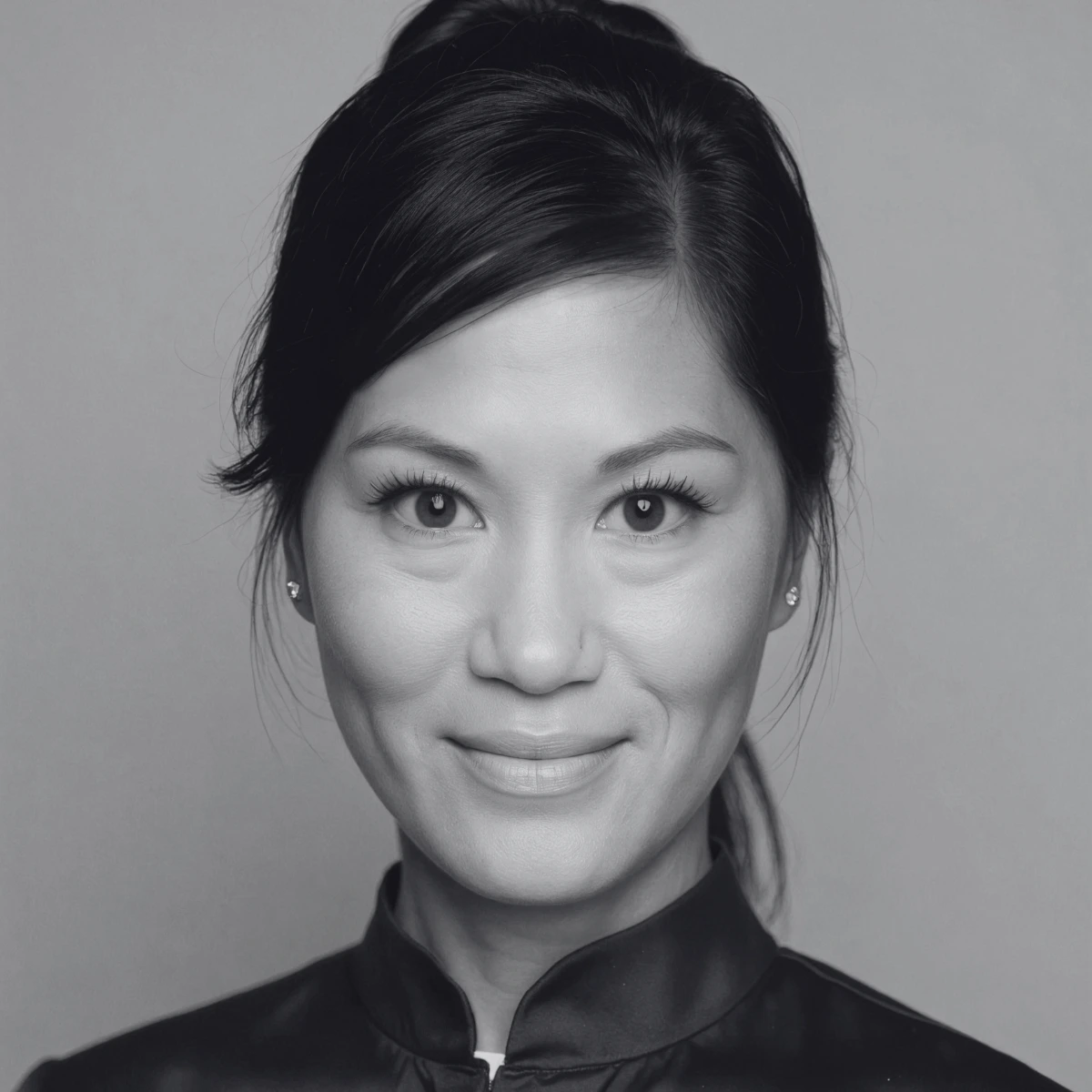 Smiling woman with long, dark hair against a light background. She's wearing a dark top, and the photo is in black and white, conveying a friendly tone.